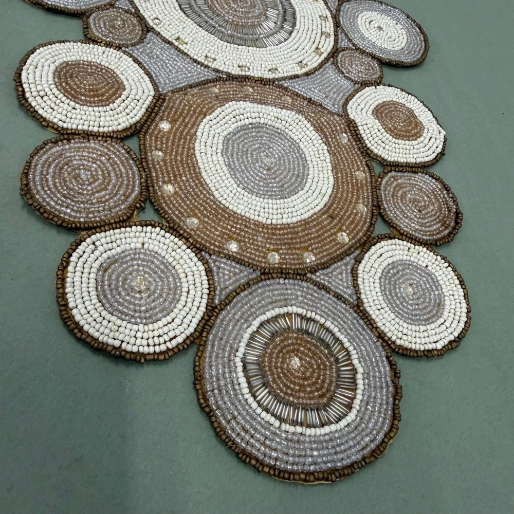 Pier 1 Imports Beaded Table Runner Neutral Bronze Silver Gold Circles Boho